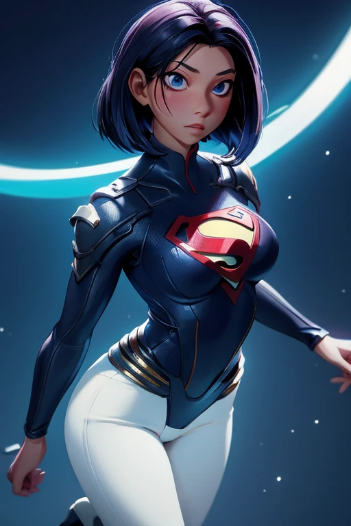 Hermosa mujer con cabello rubio ondulado, ojos azules delicados y encantadores, muesca del muslo, piernas largas sexys, camiseta en jeans falda corta con carta S de Superman, Lindo cyberpunk futurista + Ciudad, neblina, wet, Lluvia, obra maestra de mejor calidad, realista, detallado, 8k, hdr, poca profundidad de campo, luz amplia, alto contraste, Iluminar desde el fondo, Flooding, destello, chromatic aberration,  Sharp focus, Foto en color crudo, superman S symbol on the chest..