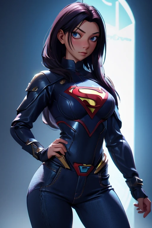 Hermosa mujer con cabello rubio ondulado, ojos azules delicados y encantadores, muesca del muslo, piernas largas sexys, camiseta en jeans falda corta con carta S de Superman, Lindo cyberpunk futurista + Ciudad, neblina, wet, Lluvia, obra maestra de mejor calidad, realista, detallado, 8k, hdr, poca profundidad de campo, luz amplia, alto contraste, Iluminar desde el fondo, Flooding, destello, chromatic aberration,  Sharp focus, Foto en color crudo, superman S symbol on the chest..