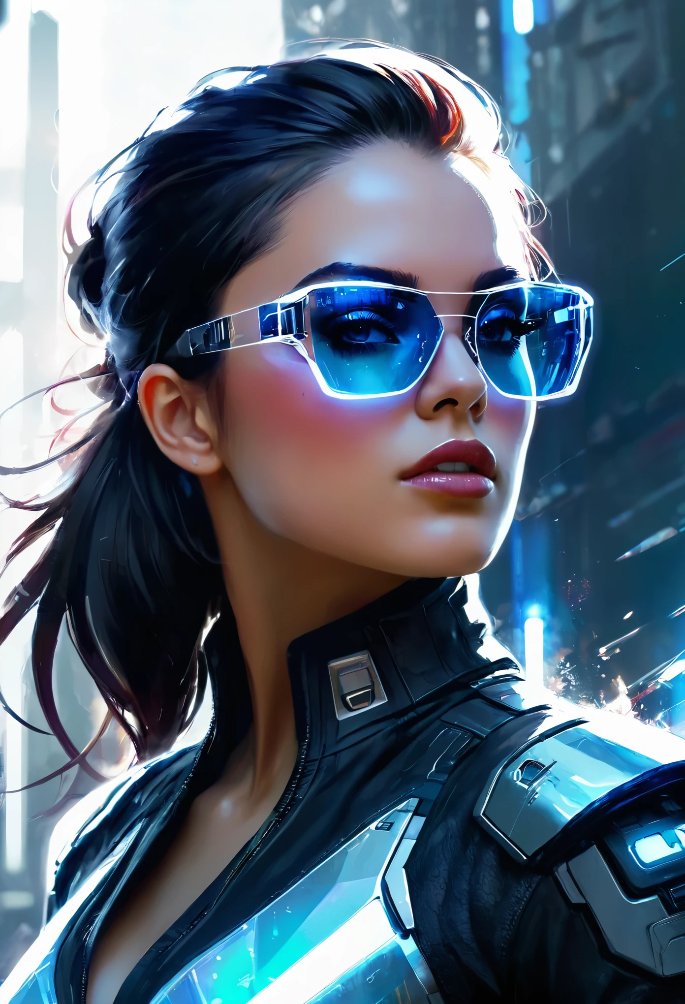 Design a digital artwork，Portraying a futuristic femme fatale，, reflective glass glasses and a Smooth, High-tech texture, Center, Nearly perfect, Dynamic, Very detailed, Art Station, concept art, Smooth, Clear focus, illustration, Artwork by Carne Griffiths and Wadim Kashin,