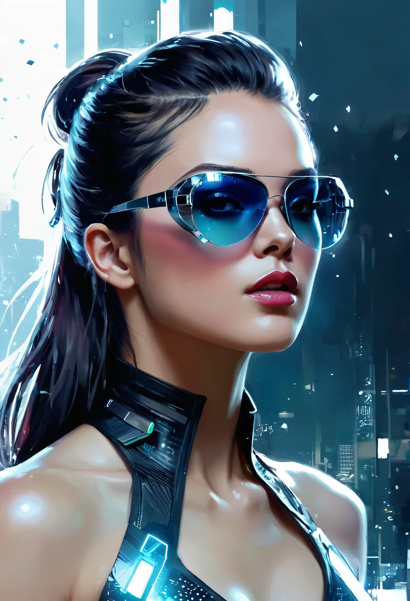 Design a digital artwork，Portraying a futuristic femme fatale，, reflective glass glasses and a Smooth, High-tech texture, Center, Nearly perfect, Dynamic, Very detailed, Art Station, concept art, Smooth, Clear focus, illustration, Artwork by Carne Griffiths and Wadim Kashin,