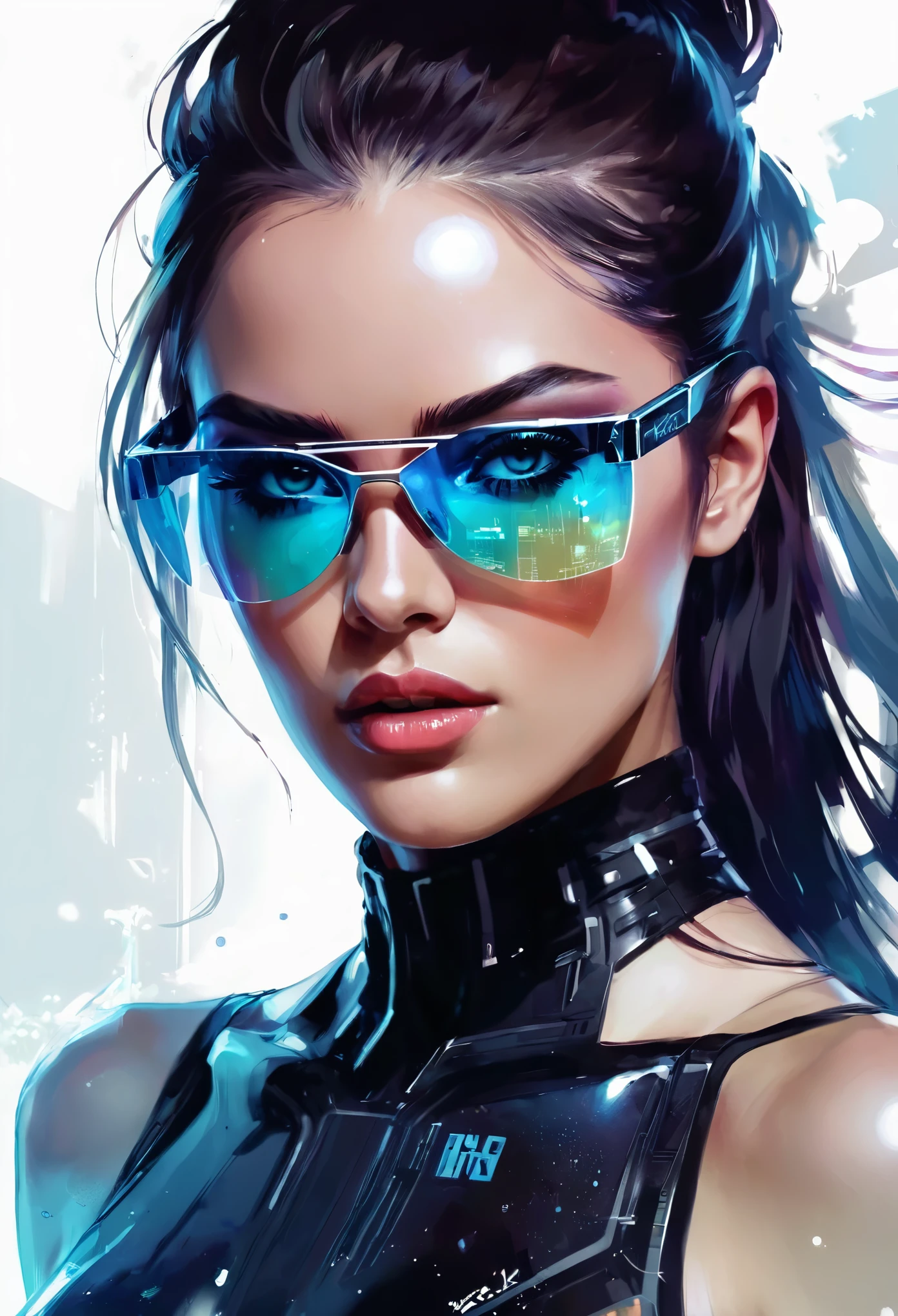 Design a digital artwork，Portraying a futuristic femme fatale，, reflective glass glasses and a Smooth, High-tech texture, Center, Nearly perfect, Dynamic, Very detailed, Art Station, concept art, Smooth, Clear focus, illustration, Artwork by Carne Griffiths and Wadim Kashin,