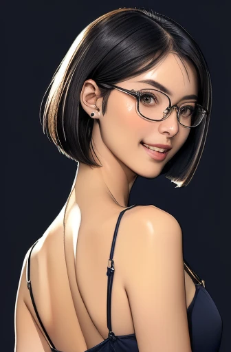 (masterpiece), (8k, best quality, high resolution), (ultra-detailed, realistic), (anatomically correct),  
((Portrait)), (Standing), (((looking back))), (No background),
(1woman),  (looking at viewer), (show your back), 
(A Japanese woman, 30 years old and 155cm tall.), 
(black hair), (straight hair), (short hair style), (bob cut), (hair behind ears), 
(wear glasses), ((black cell frame glasses)), 
((Wear a navy blue spaghetti strap dress)),((Mini length dress with a simple design and minimal decoration)),  
(Create a detailed image of the eye), 
(Her impression is pure, clean and kind.), 
((A captivating smile, just showing a few teeth.)), 　 
