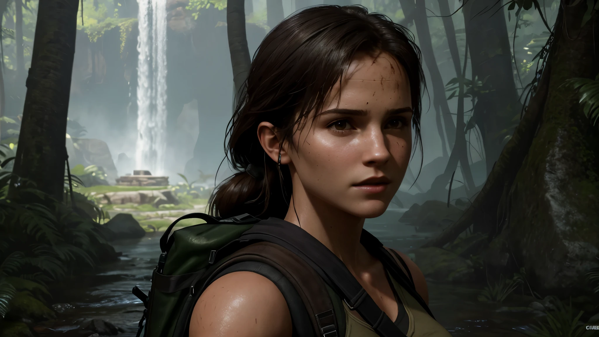 ((NSFW)) A close-up portrait of a woman, reminiscent of Lara Croft from Shadow of the Tomb Raider, reveals her sexy body concealed in wet clothes, with ((subtly visible, bulging breasts)). A backpack lies at her side, blending seamlessly with the environment.

Lara Croft's portrait, meticulously crafted in Unreal Engine 5, showcases her beautiful character design with a small yet powerful figure. The tomb raider setting comes alive with cinematic visuals that accentuate her strength and allure.

This tech demo highlights the hyper-realistic graphics of the female lead character, with Emma Watson's likeness perfectly