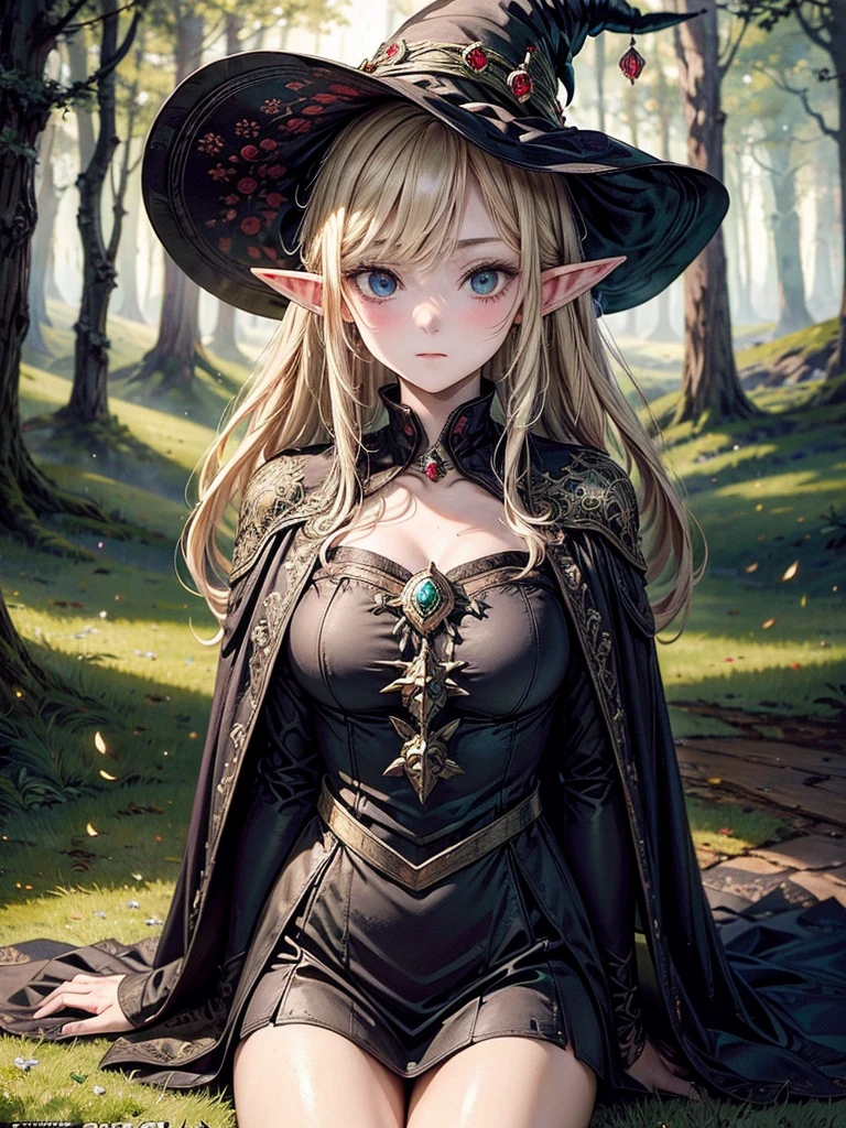 (masterpiece:1.2),(Elf girl in witch hat:1.2),Walpurgis Night,Mysteriously Glowing Forest,High resolution RAW color art, (Highly detailed elegant), Magical colors and atmosphere, Detailed skin,The background is soft and blurry,Add a dramatic and symbolic element to your scene, Written boundary depth, Bokeh, Silky to the touch, Hyper Detail, Long blonde hair, Intense blue eyes, Attractive face