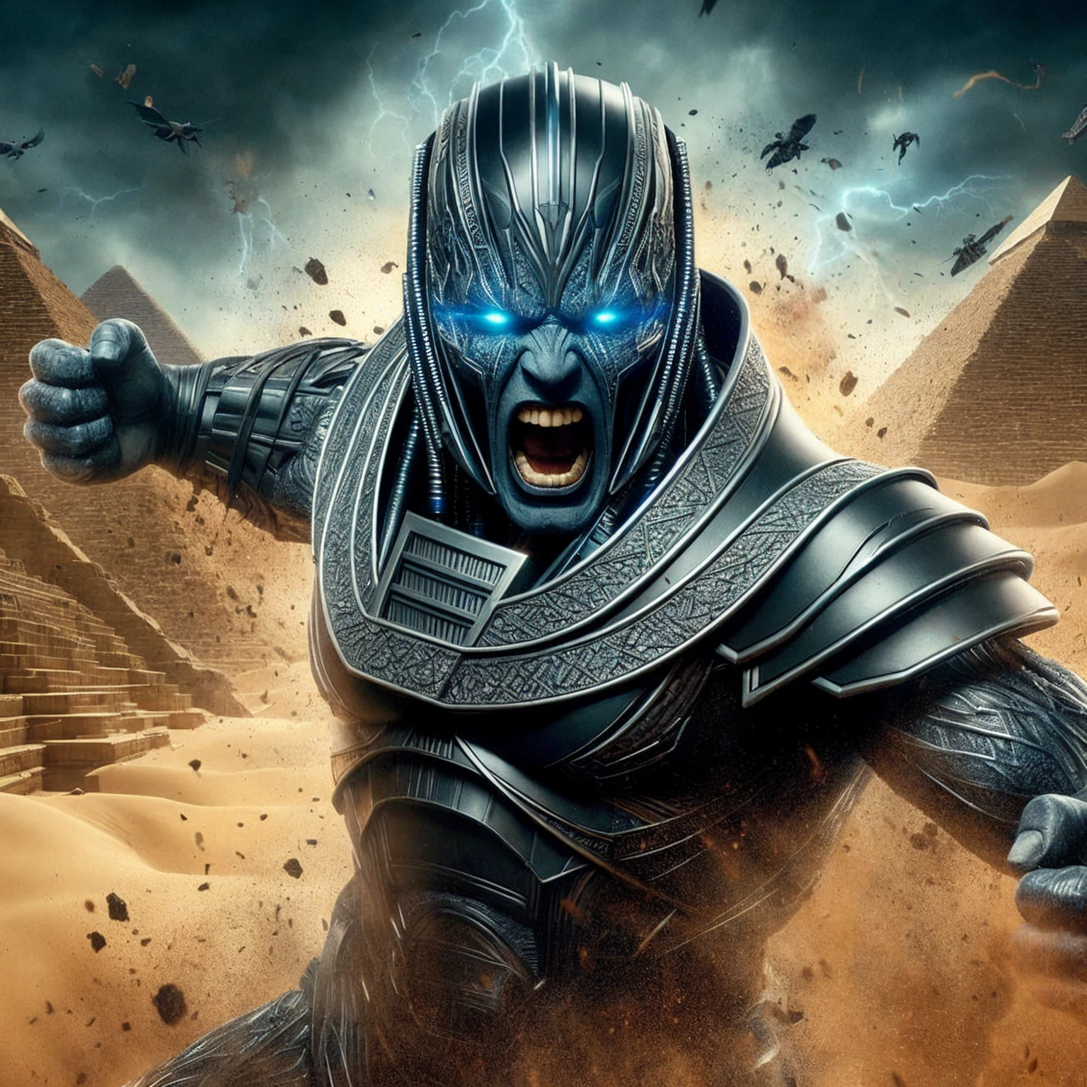 masterpiece, high quality, hyper detailed, intricade details,do the rock acting as xmen apocalypse,black lipstick, blue skin,apocalypse helmet,angry,furious,dynamic action,egyptian pyramid,technologic pyramid,desert,blue glowing eyes. super powerful,x-men mutant, on the movie set