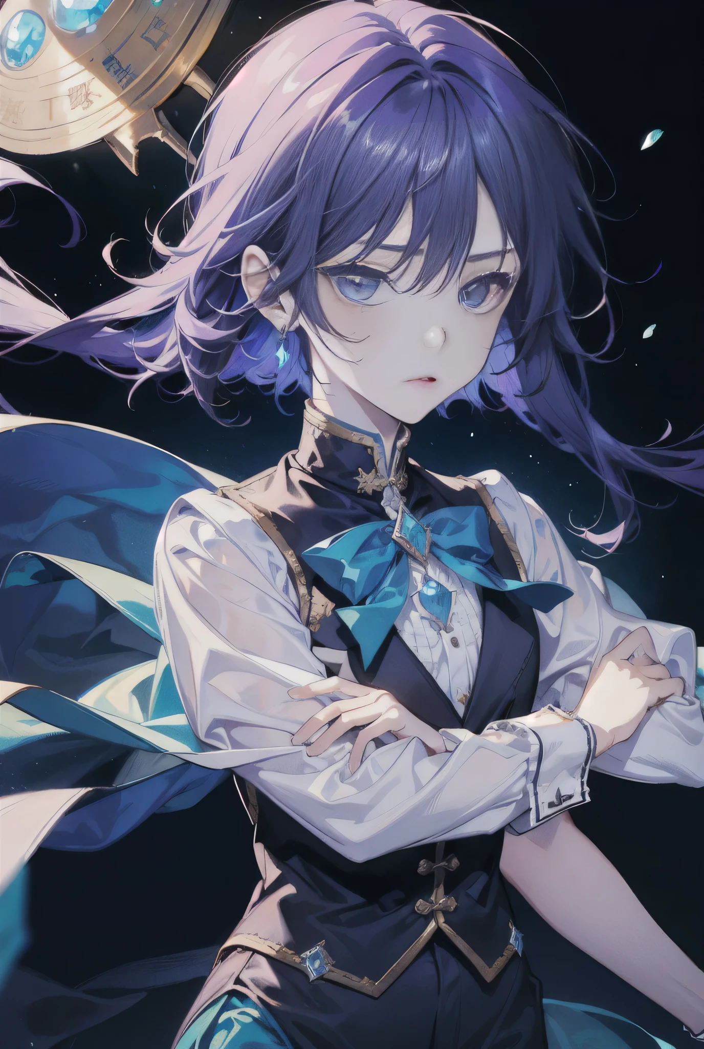 Close-up of a boy wearing a white and blue crop top dress with jewelry brooch、solo、Official artwork、He has long cyan-purple hair、Boy with long purple hair、Blue Eyed Boy、One-sided up-up hair、Long legs、solo、Blue mini skirt、Black thigh-high socks、Blue knee high boots、Separated sleeves、white panty、Blue wrist cuffs、Cool Magic Boy、Official character art、Splash art anime、style of Magic Boy、Full body close-up、Official Fan Art、Anime Moe Art Style、Happy!!!、!!Full body portrait!!、Official character illustration、sparkling Magic Boy、Heavenly Aura、Sapphire Prince、Hymn to the King as a Prince、Magic Boy、Cowboy Shot、portrait of Magic Boy、a boy is a standing、looking at viewer、Blue&#39;s iconic character、