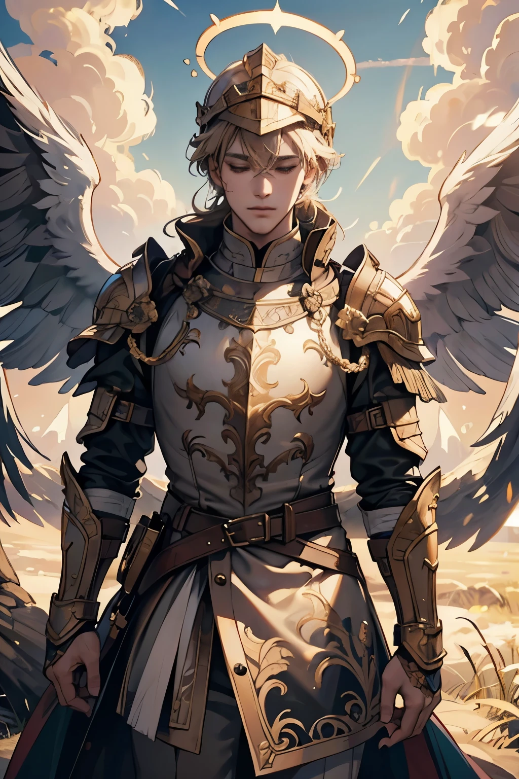 (ultra-detailed, faceless, helmetless portrait of an unknown male Renaissance soldier in heaven), intricately painted with divine radiance, heavenly aura surrounding, detailed muscle definition and armor textures, ethereal background of clouds and golden light, angels whispering in the background, delicate highlight on the soldier's chest plate, BREAK, masterpiece of divine artistry, 4k resolution, hyper-realistic, serene expression, halo adding to the heavenly theme, BREAK, shimmering armor and intricate patterns, wings slightly visible at the back, celestial colors enhancing the painting, BREAK, the soldier's eyes closed in peaceful rest