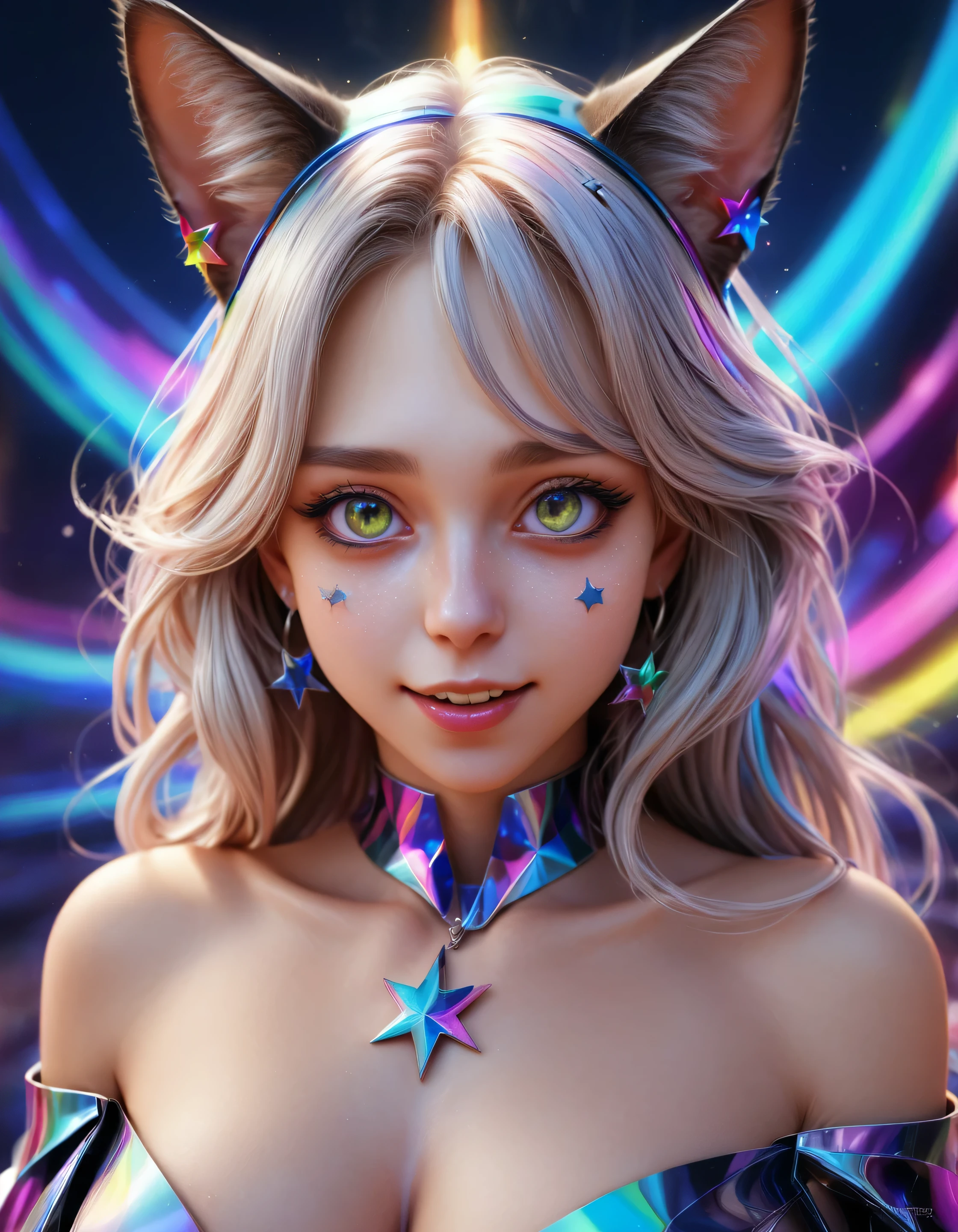 (masterpiece, best quality), ((1girl, (mature female) long hair), (star-shaped pupils,  +_+, symbol-shaped pupils, sparkling eyes), (cat ears, open open mouth)), (looking at viewer, light smile, off shoulder), (abstract, multicolored background, abstract background, chromatic aberration),