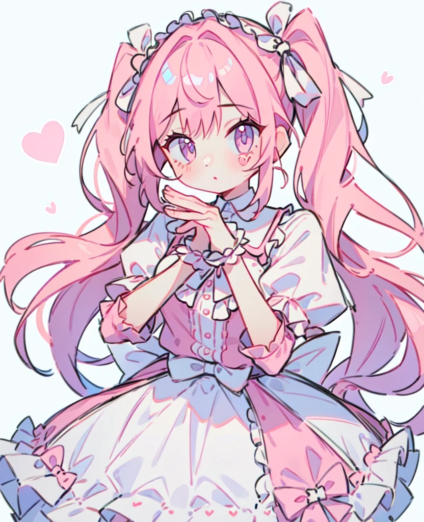 1 girl, Pink Hair, Long twin tails, Pink shirt, Fluffy collar, White fluffy skirt,  heart and your hands, White ribbon on hair, Lots of hair accessories, lolita whore