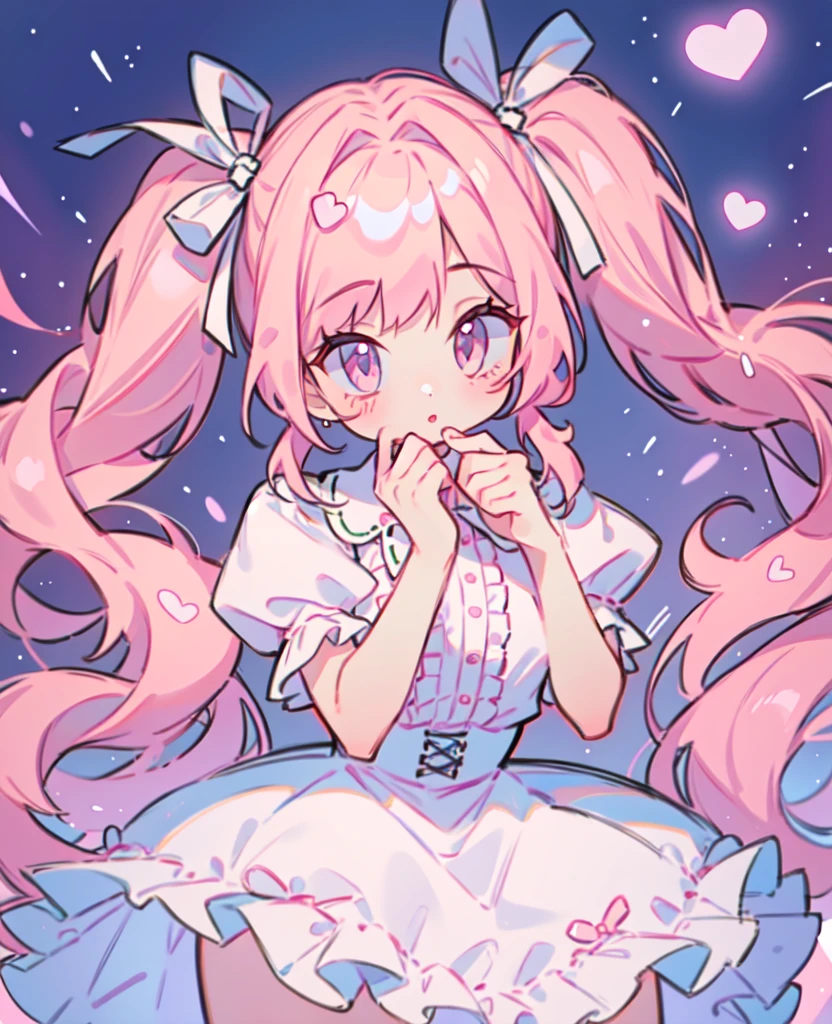 1 girl, Pink Hair, Long twin tails, Pink shirt, Fluffy collar, White fluffy skirt,  heart and your hands, White ribbon on hair, Lots of hair accessories, lolita whore