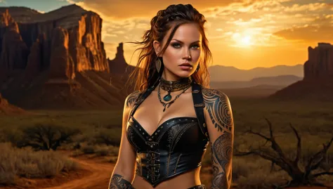dark fantasy, (realistic, photo-realistic:1.37), (cowboy shot:1.4), (ohwx woman), Olivia Wild with tribal tattoos on neck and ar...