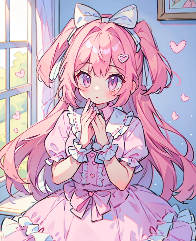 1 girl, Pink Hair, Double tail, Pink shirt, Fluffy collar, skirt,  heart and your hands, White ribbon on hair, Lots of hair accessories, lolita whore