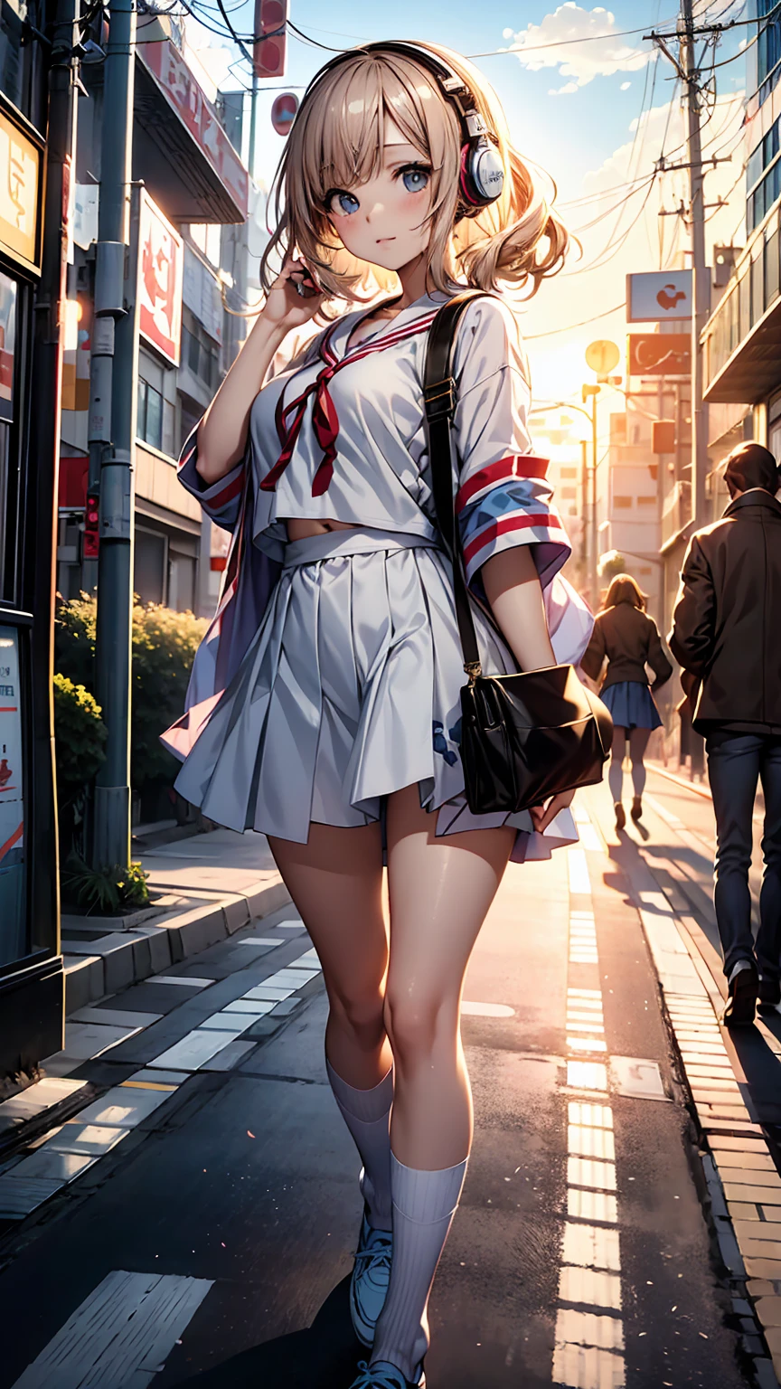 masterpiece, highest quality, Movie stills, One Woman, Cloud Girl,Wearing headphones:1.5、Tokyo, Walking while listening to music, bright, Happy, Warm and soft lighting, sunset, (spark:0.7)、City Popスタイル1.0、アニメの女の子 with headphones walking down the street in a , Beautiful Mature , Sailor suit、uniform、Beautiful girl model,expensive,Manga illustration, Illustrated ,, Young Anime Girl, Shibuya Ward Building District、Blurred Background、City Pop、whole body、Cowboy Shot、nostalgia、manga cover、Enlarge the subject、mini skirt、Knee-high socks、Old headphones 1.1、Long legs