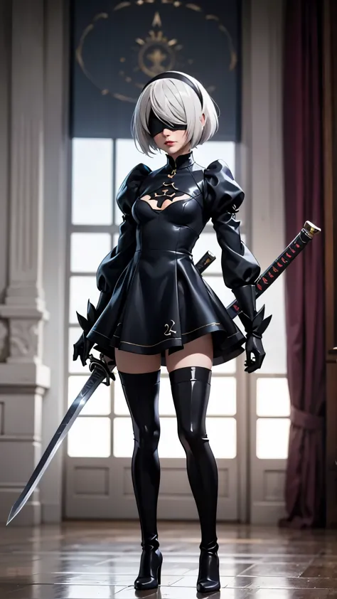 2B, 1girl, solo, short hair, thighhighs, gloves, long sleeves, dress, holding, cleavage, medium breasts, standing, full body, we...