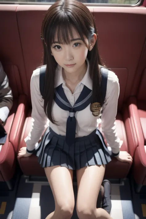 "(masterpiece, High resolution, Ultra High resolution, 4K) Black Hair, 14 year old Japanese girl,  uniform、Pleated skirt skirt,(...