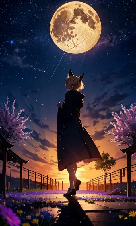 １people々々々々々々々々々々々々々々々々々々,woman with medium length blonde hair，fox ears，long coat，takageta， dress silhouette， rear view，space sk...