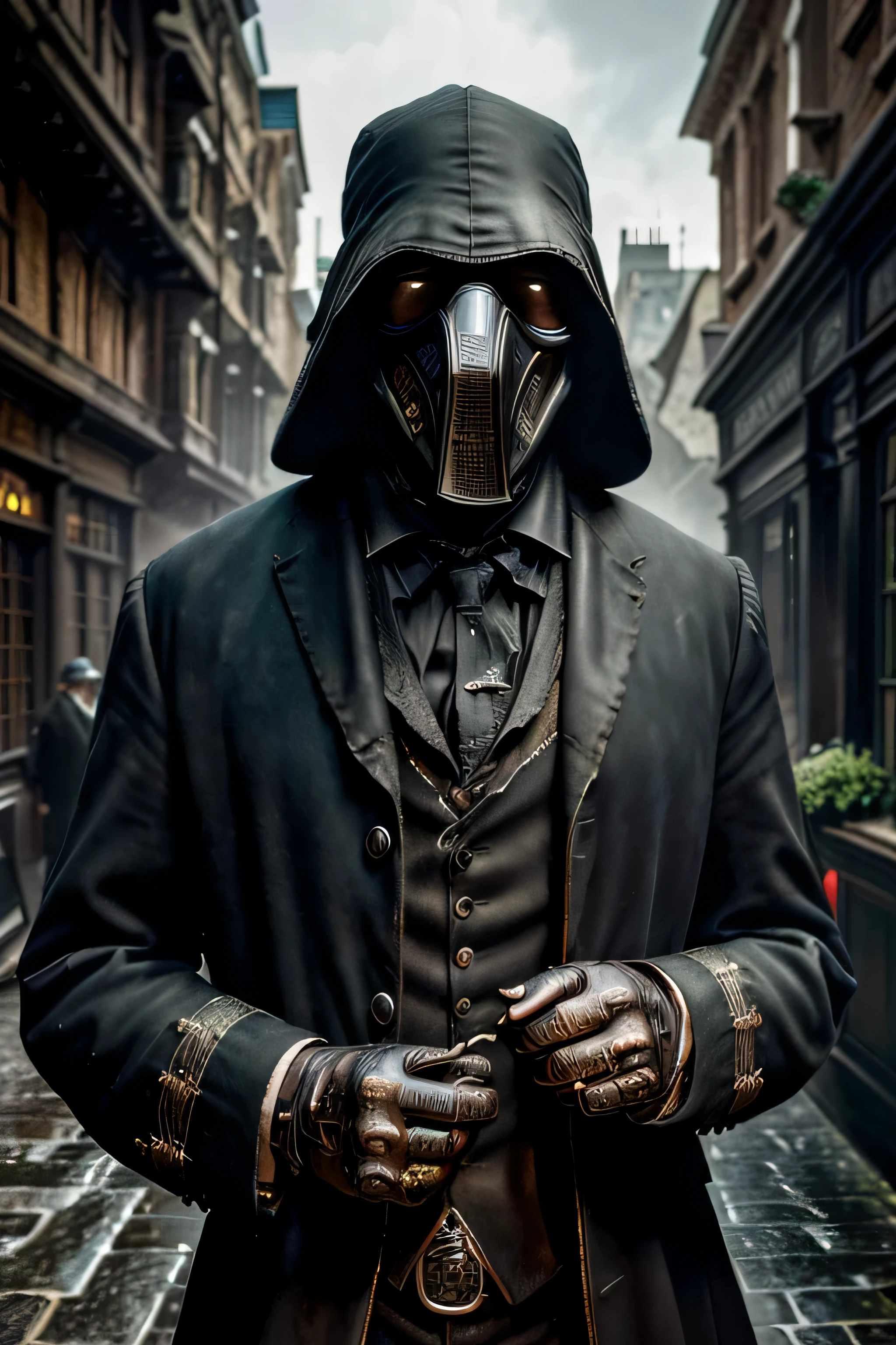(best quality,4k,highres,masterpiece:1.2),ultra-detailed,(realistic,photorealistic,photo-realistic:1.37),intricate,victorian style,dark ambiance,HDR,plague doctor,old street of London,hyper detailed,better rendering of the plague doctor mask,