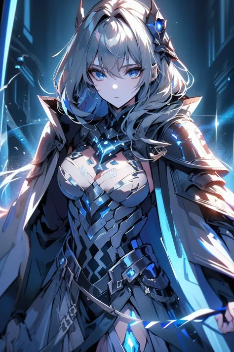 armored girl, grey hood and cape, background dark space battlefield, heavy rain, light silver short hair, blue glowing beautiful...