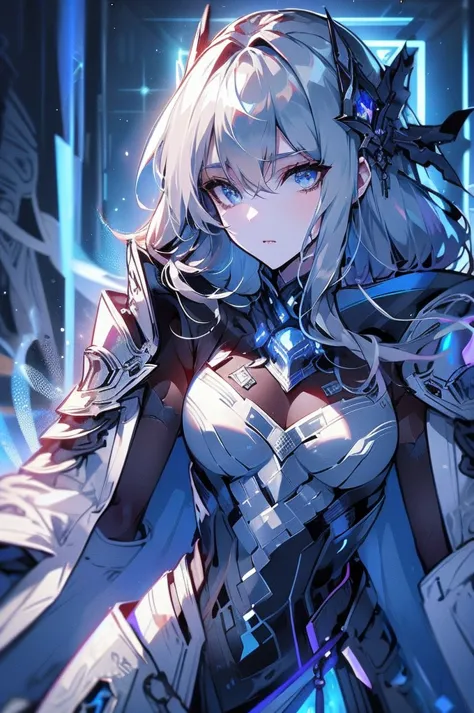 armored girl, grey hood and cape, background dark space battlefield, heavy rain, light silver short hair, blue glowing beautiful...