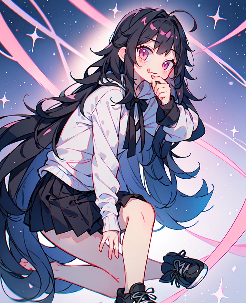 Black long hair, Pink inside, Double tail, white shirt, black ruffle skirt, A black ribbon, pink hoodie, Raw feet, Black shoes, Licking tongue,