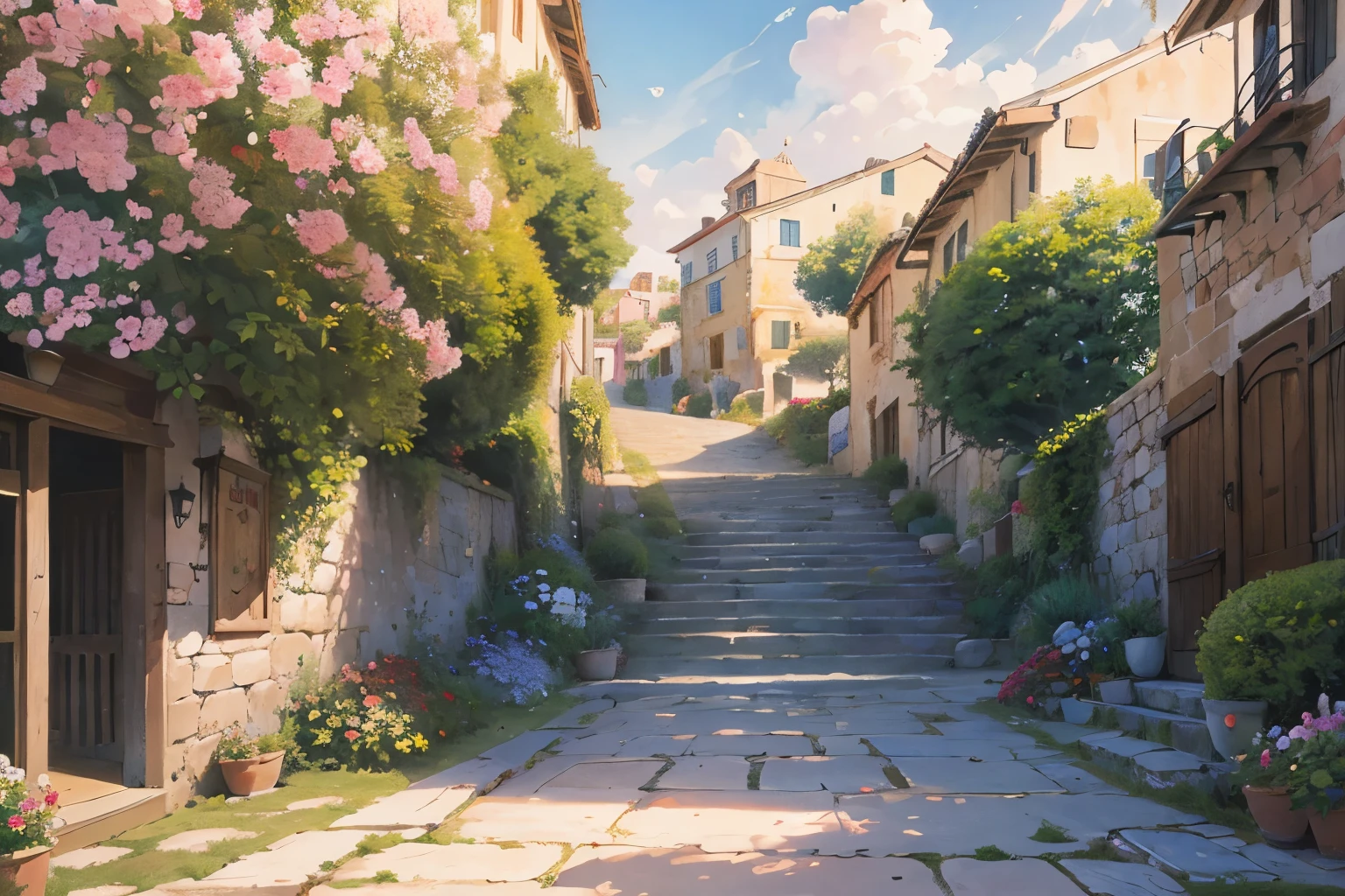 pintura de uma linda fachada de casa decorada com muitas rosas,porta rosa e meio vidro, caminho de pedra,pequenas escadas para a porta, lâmpadas de porta penduradas, imagem beijada pelo sol,Flores, bela arte uhd 4k, uma bela ilustração de arte, linda pintura digital, pintura digital altamente detalhada, linda arte digital, uma movimentada cidade mágica, vila de pescadores mediterrânea, cidade mediterrânea, pintura detalhada 4k, antiga vila mediterrânea, pintura digital muito detalhada, cores ricas e pitorescas, linda pintura digital