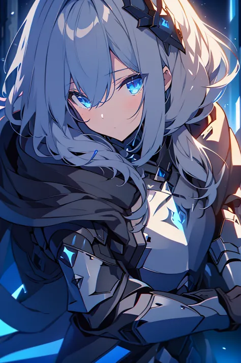 armored girl, grey hood and cape, background dark space battlefield, heavy rain, light silver short hair, blue glowing beautiful...