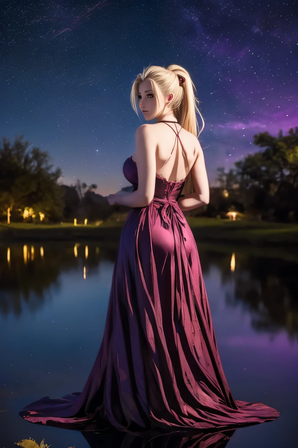 shalltear bloodfallen, shalltearcostume, ponytail, outdoors, (night, starry sky:1.2), masterpiece, arms behind back, best quality, 1girl, full body, closed mouth, lake, reflection, outdoors, official wallpaper