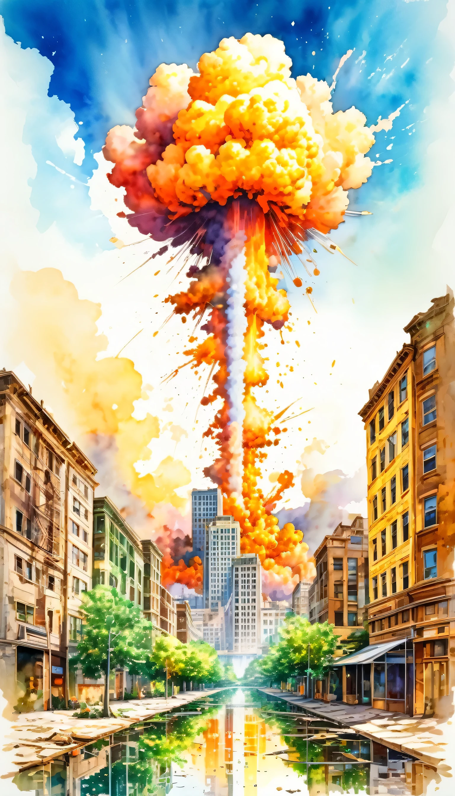 post apocalyptic large atomic explosion in the sky, atomic bomb, clouds, heat, scenery, outdoors, city, destroyed buildings, cityscape, reflection, skyscraper, modern art, painting, drawing, watercolor, psychedelic colors