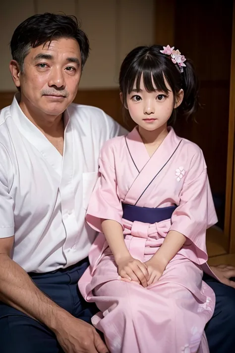 man and woman images、A father holds his 8-year-old daughter on his lap, My daughter is completely naked and wearing a yukata..、U...