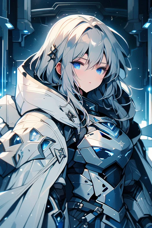 armored girl, grey hood and cape, background dark space battlefield, heavy rain, light silver short hair, blue glowing beautiful eyes, cowboy_shot, blue glowing lined simple armor plate, dark environment, high detailed face, Advance mask, intense war