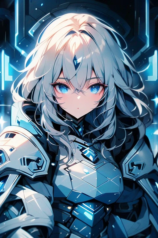 armored girl, grey hood and cape, background dark space battlefield, heavy rain, light silver short hair, blue glowing beautiful eyes, cowboy_shot, blue glowing lined simple armor plate, dark environment, high detailed face, Advance mask, intense war