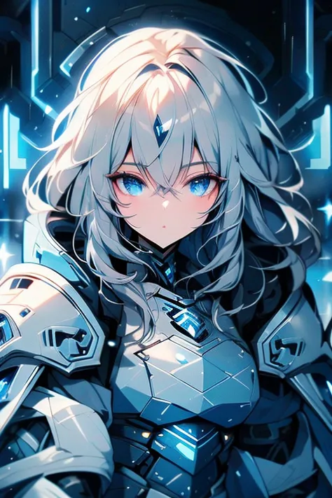 armored girl, grey hood and cape, background dark space battlefield, heavy rain, light silver short hair, blue glowing beautiful...