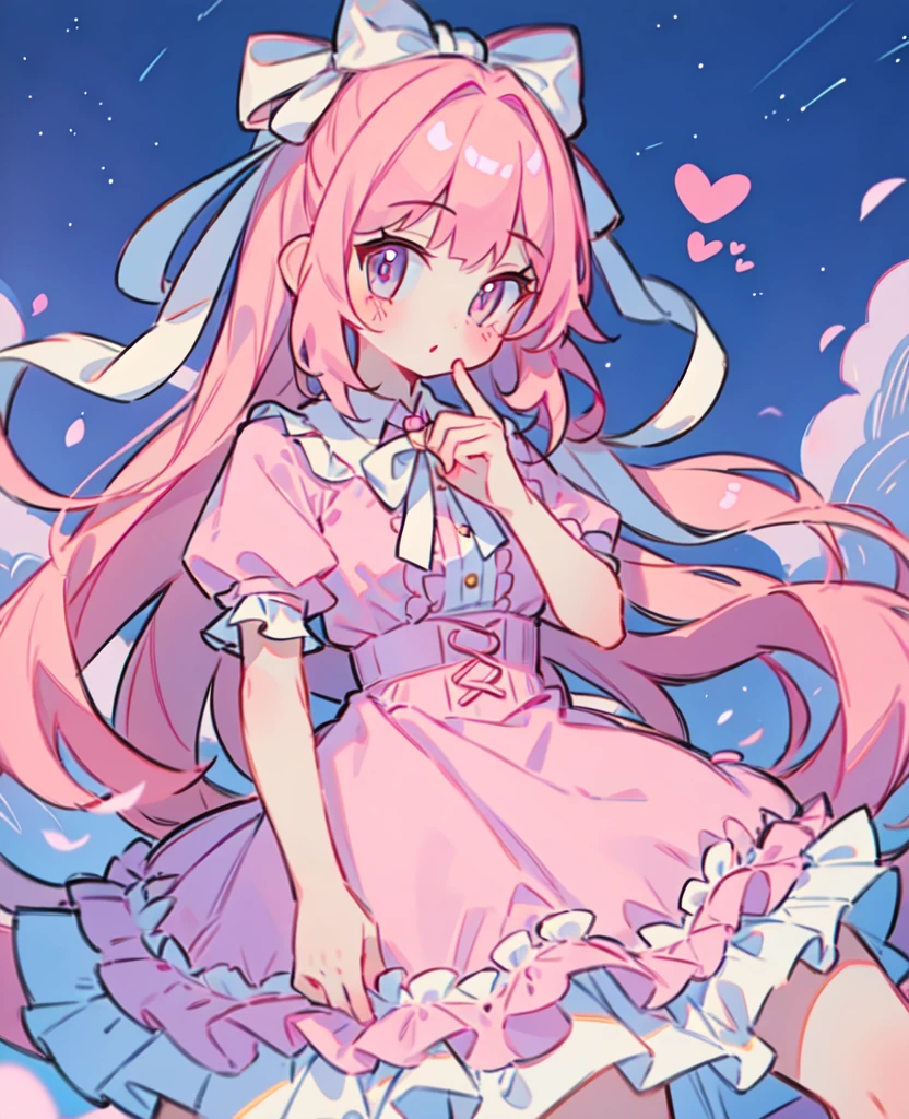 1 girl, Pink Hair, Double tail, Pink shirt, Fluffy collar, skirt,  heart and your hands, White ribbon on hair, Lots of hair accessories, lolita whore