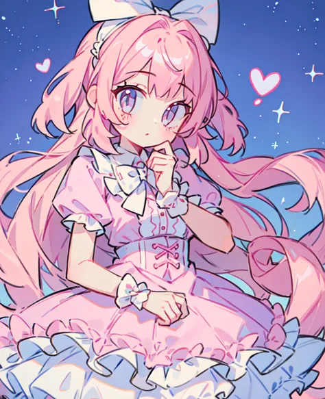 1 girl, pink hair, double tail, pink shirt, fluffy collar, skirt,  heart and your hands, white ribbon on hair, lots of hair acce...