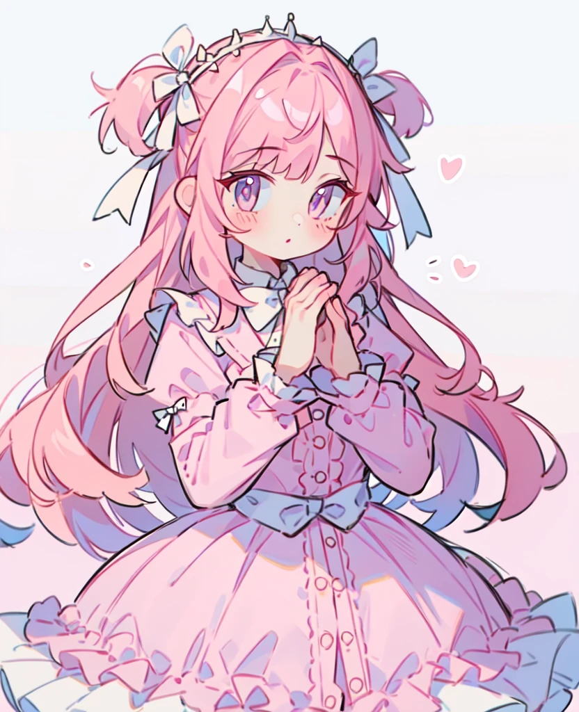 1 girl, Pink Hair, Double tail, Pink shirt, Fluffy collar, skirt,  heart and your hands, White ribbon on hair, Lots of hair accessories, lolita whore