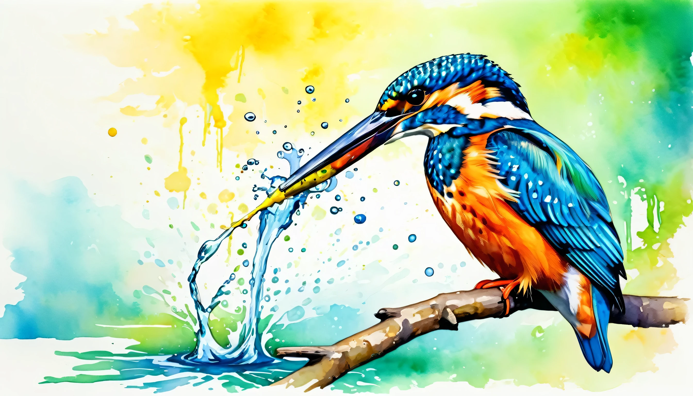 a kingfisher bird holding a fish in its beak near the water, colorful plumage, no_humans, bird, animal_focus, water, splashing, modern art, painting, drawing, watercolor, psychedelic colors