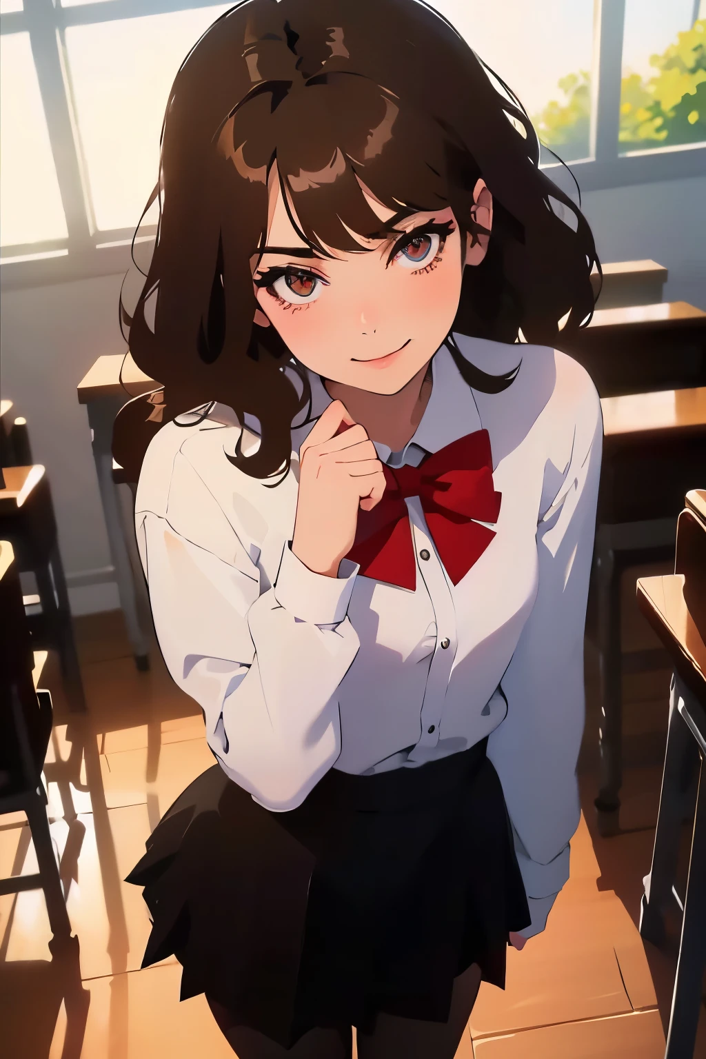 masterpiece, best quality, 18-year-old girl, gorgeous smile, piercing brown eyes, expressive gaze, almond-shaped eyes, angular face, short shoulder-length brown hair, white buttoned-up shirt, red bow, black skirt, black stockings, student uniform, slender, small breasts, standing up straight, hands behind back, standing next to a desk, background is a classroom