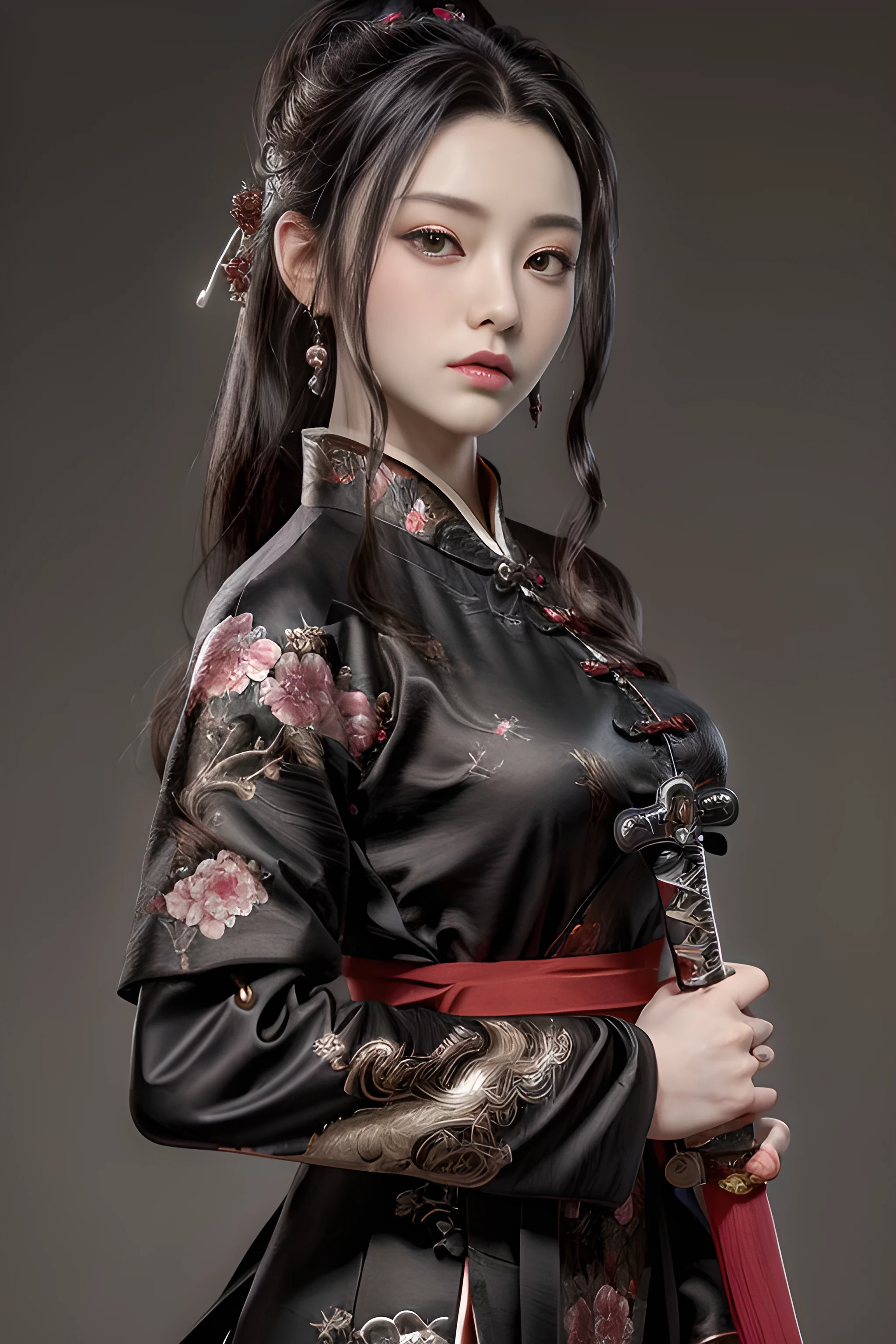 ((masterpiece, highest quality, High resolution, Realistic, to be born, 8k wallpaper)), Female swordsman in Chinese costume, Heroes of the Three Kingdoms, (He has a big sword in each hand), She has long black hair tied back, Wearing a seductive Chinese dress, Hold a straight sword towards the audience, Glaring at you, Dynamic pose, 