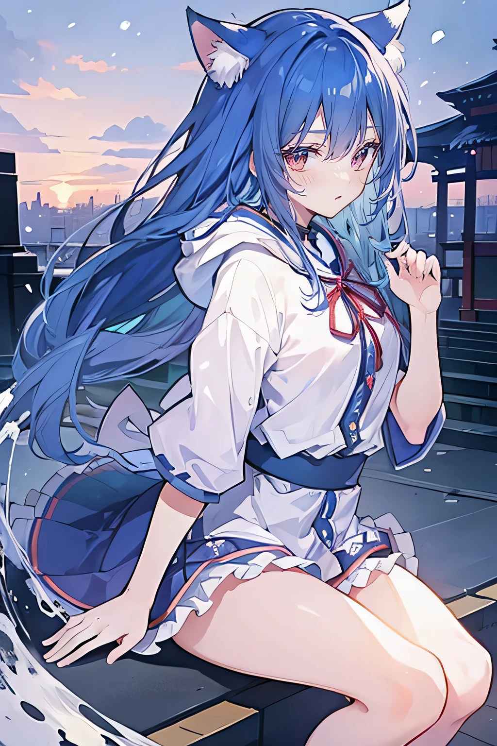 Anime girl with blue hair and white shirt sitting on a platform - SeaArt AI