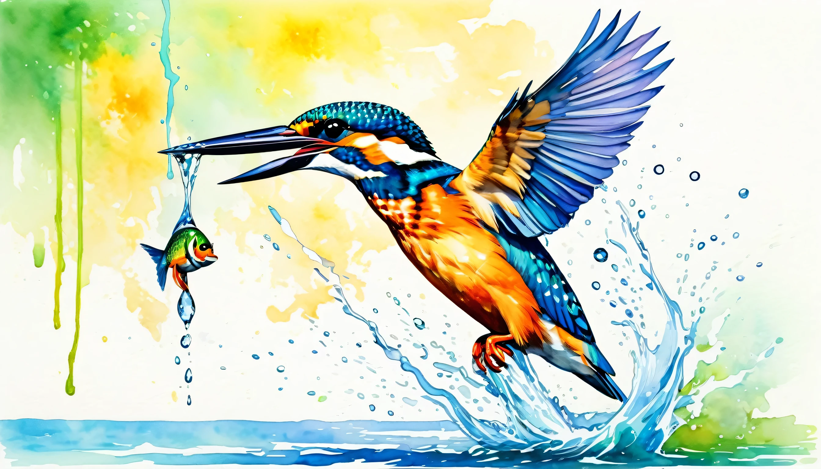 a kingfisher bird holding a fish in its beak near the water, flying out of the water, colorful plumage, no_humans, bird, animal_focus, water, splashing, modern art, painting, drawing, watercolor, psychedelic colors