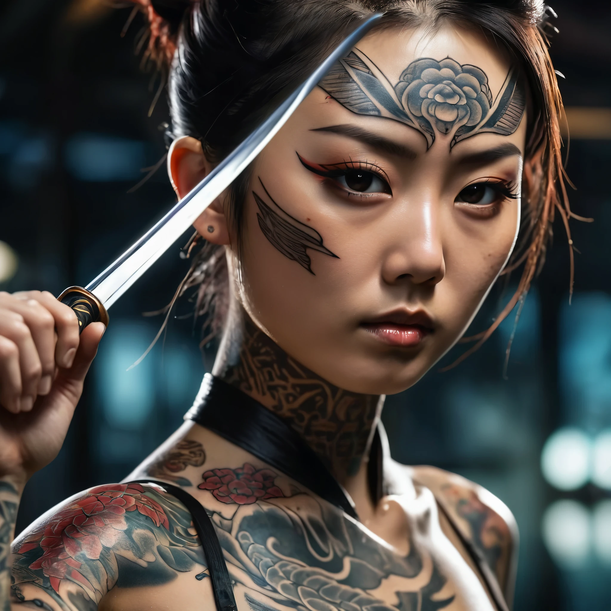 arte reflexiva. Uma linda mulher japonesa com tatuagens no rosto e no corpo em uma lâmina de katana reflexiva. Close-up ao longo da lâmina. concentre-se no reflexo de uma mulher . Um trabalho fotográfico único digno de ganhar 35 prêmios. O fundo está desfocado. Uma obra-prima . composição perfeita, bela renderização de octanas intrincadamente detalhada e insanamente detalhada