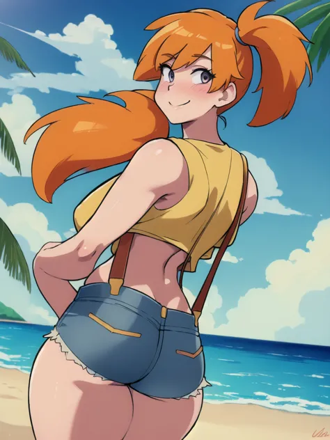 ((masterpiece,best quality)), absurdres,
Misty_Pokemon, yellow crop top, suspenders, side ponytail, orange hair, denim shorts, 
...