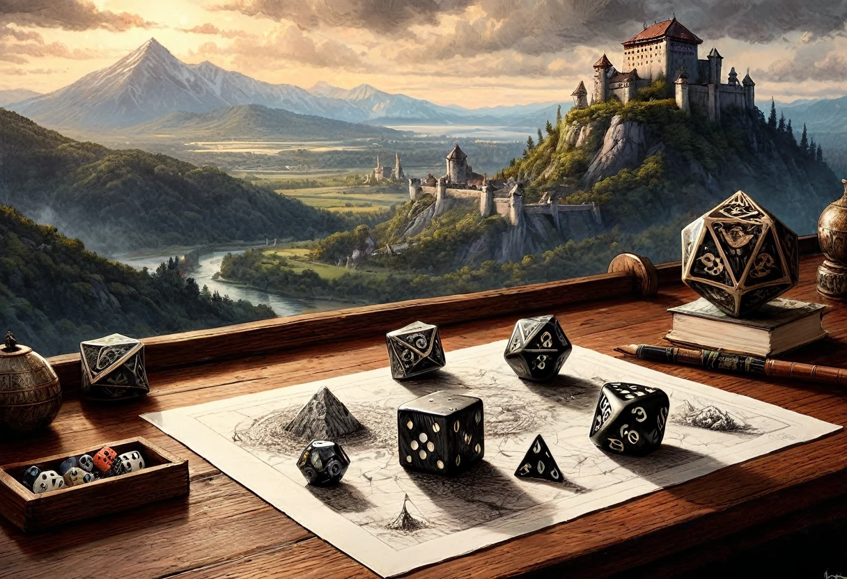 Macro photo of octahedral dice resting amidst a rough charcoal sketch, atop an artist's table, scene captured with a view from above, capturing a medieval hero's journey with adventurers advancing toward a mountain fortress, distant dragons looming, high-detailed landscape, Miki Asai-inspired macro photography, Gerald Brom and Benedick Bana style of hyperrealism, trending ArtStation visuals, sharp focus, intricate details. highly detailed
