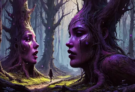 surrealism fantasy hyperrealism. By Philippe Vignal and Benedick Bana, A gloomy whispering lips woods. Tree trunks look like fem...