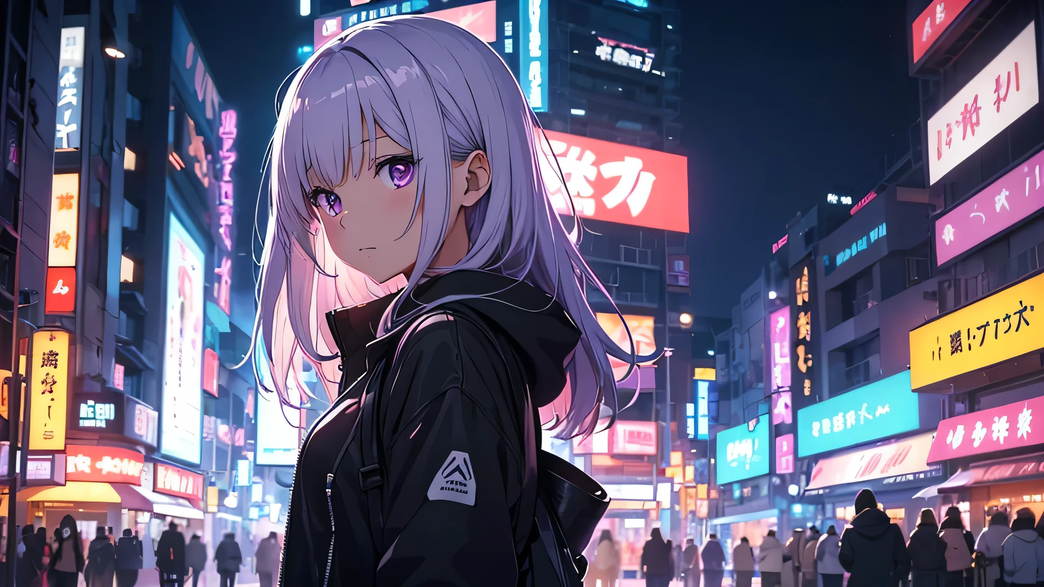 alone, One girl, Purple eyes, (Shiny skin, Soft Hair). anime「My Favorite Child」has characteristics that are clearly different from. The setting is a futuristic city lit up by neon lights. The environment is stimulating and adventurous. The camera settings are、A digital camera with a low ISO setting. This lens is a medium aperture zoom lens.. The character designs were inspired by Japanese illustrators and anime fans., Akiko Sterrenberger, Photographed by Makoto Shinkai, Your Name。Director of