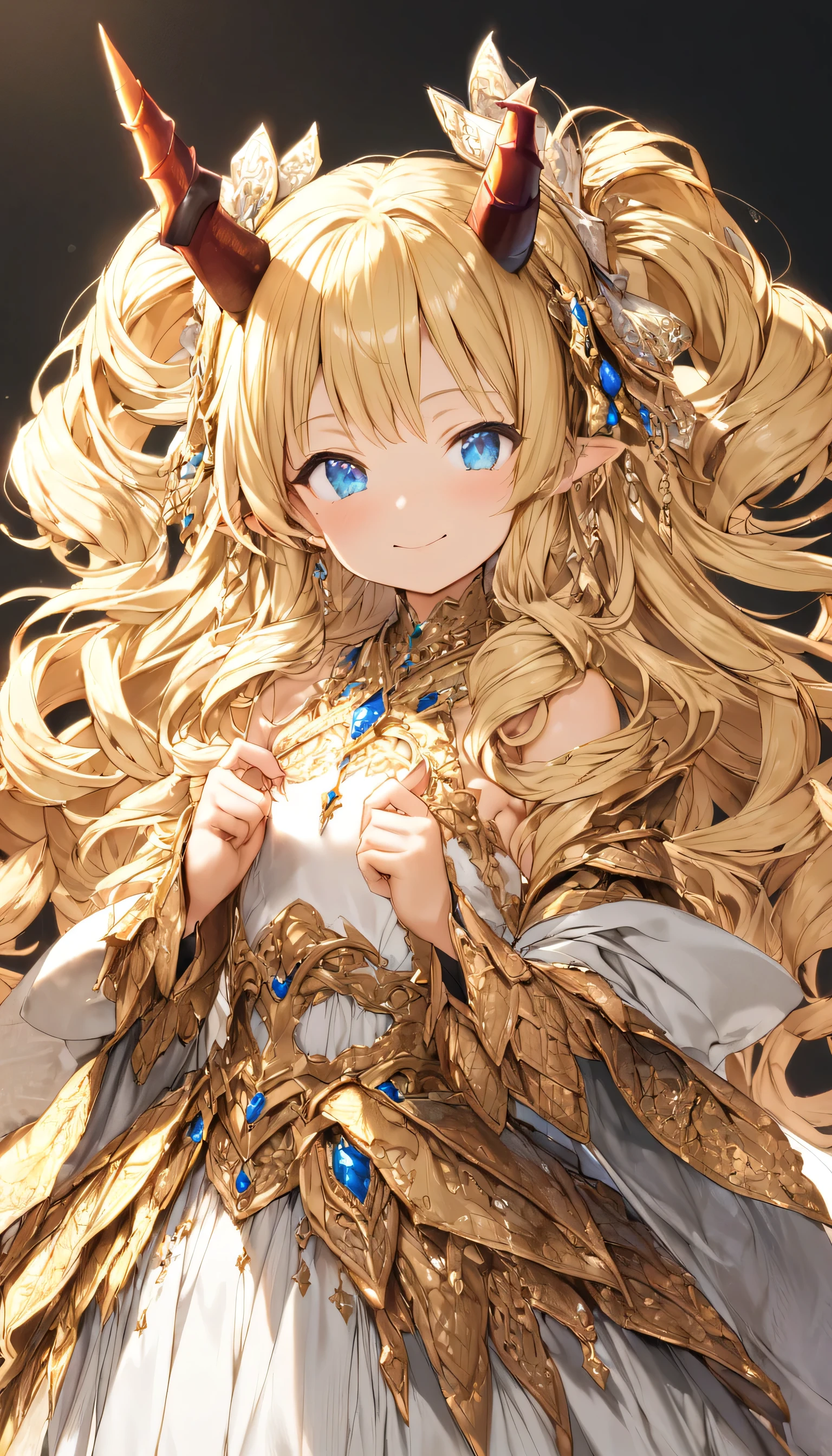 masterpiece、Best Quality、Very detailed、High resolution、Japanese anime、1girl、Blonde Hair、（Medium length hair：1.4）、Side braid hair、Curly Hair、Wavy Hair、Drill Hair、Curly Outward Hair、Dragon Horn、（blue eyes：1.5）、（Beautiful detailed eyes：1.4）、Laughter、12 years old、3 heads、original character、Fantasy、（Black Background：1.2）、whole body、Beautiful fingers、Are standing、（Gold Lace Frill Armor Dress：1.5）、（Jeweled Headgear：1.5）、Photographed from the front、View your viewers