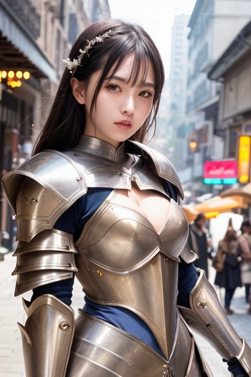 Close-up of a woman in armor on a city street, Fantasy Artwork, Amazing character art, Beautiful female knight, Girl in knight&#39;s armor, Girl in Armor, Magnificent and elaborate character art, of a Beautiful female knight, 3d rendering character art 8k, Wear fantasy armor, Fantasy Paladin Female、Ultra high definition、masterpiece、correct、Anatomically correct、Textured skin、Very detailed、High detail、high quality、最high quality、High resolution、8k、Surrealism、Raw photo、whole body、Beautiful Teenage Woman、One Japanese woman、Big beautiful eyes、Smaller breasts