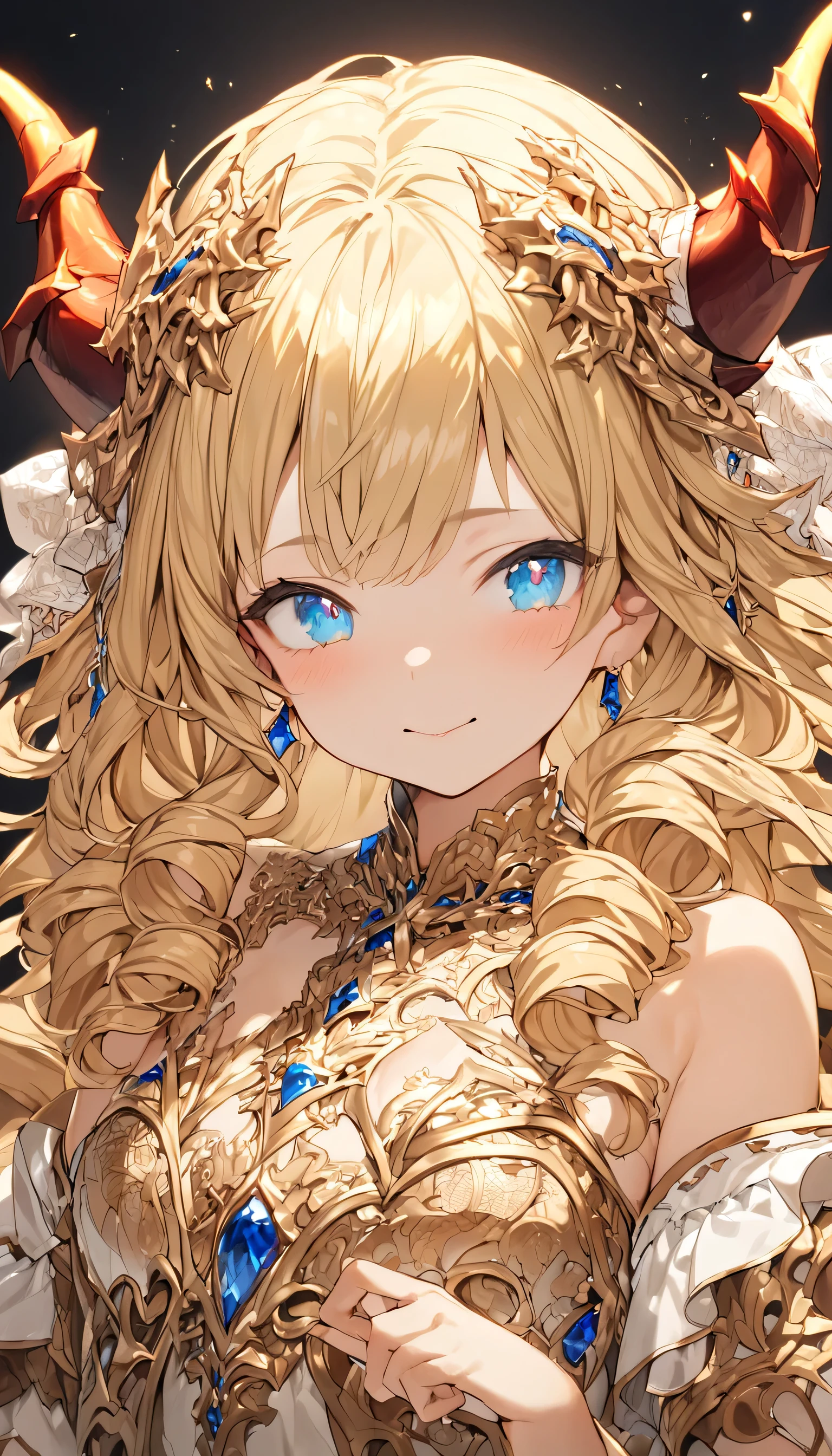 masterpiece、Best Quality、Very detailed、High resolution、Japanese anime、1girl、Blonde Hair、（Medium length hair：1.4）、Side braid hair、Curly Hair、Wavy Hair、Drill Hair、Curly Outward Hair、Dragon Horn、（blue eyes：1.5）、（Beautiful detailed eyes：1.4）、Laughter、12 years old、3 heads、original character、Fantasy、（Black Background：1.2）、whole body、Beautiful fingers、Are standing、（Gold Lace Frill Armor Dress：1.5）、（Jeweled Headgear：1.5）、Photographed from the front、View your viewers