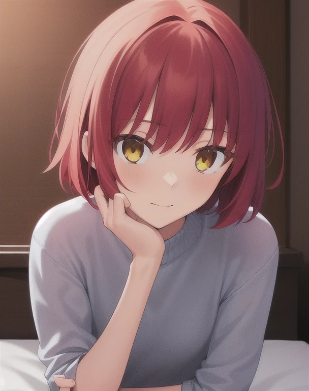 solo, 1girl, looking at viewer, red hair, short hair, yellow eyes, beautiful detailed face, bed room background