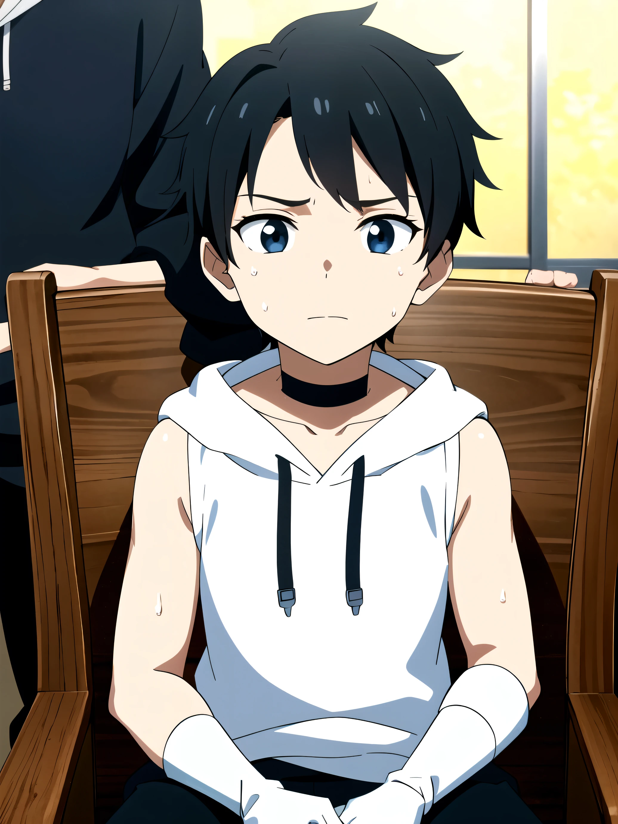 Anime boy sitting in chair with his hands on his knees - SeaArt AI